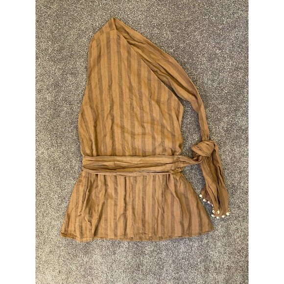 Zara Women's One Shoulder Sleeveless Top Brown Striped Tie Size S - Small - NWT - Picture 2 of 16